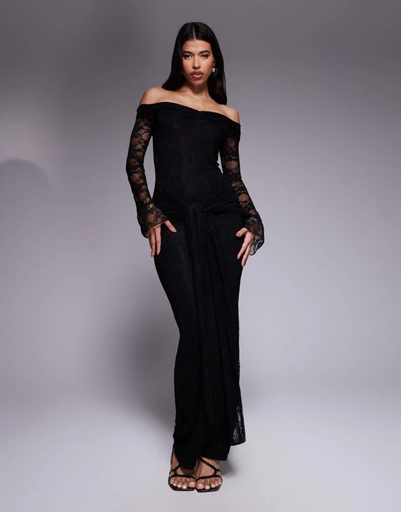 Kaiia Kaiia exclusive double layered slinky lace bardot flare sleeve tie  waist drape detail maxi dress in black - Dresses & Skirts - Free Shipping -  BeyondStyle