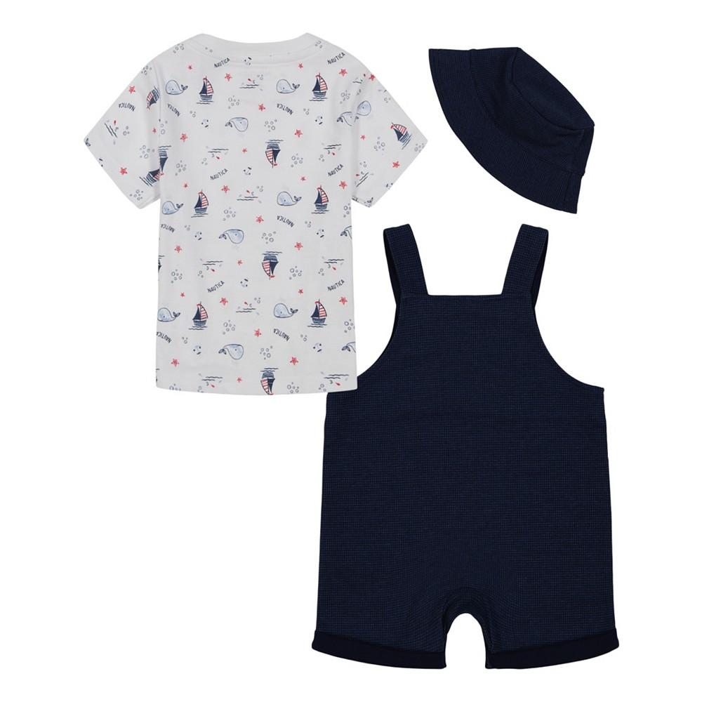 Nautica Baby Boys Short Sleeve Print T-shirt, Patterned French Terry Shortalls and Bucket Hat, 3-Pc Set