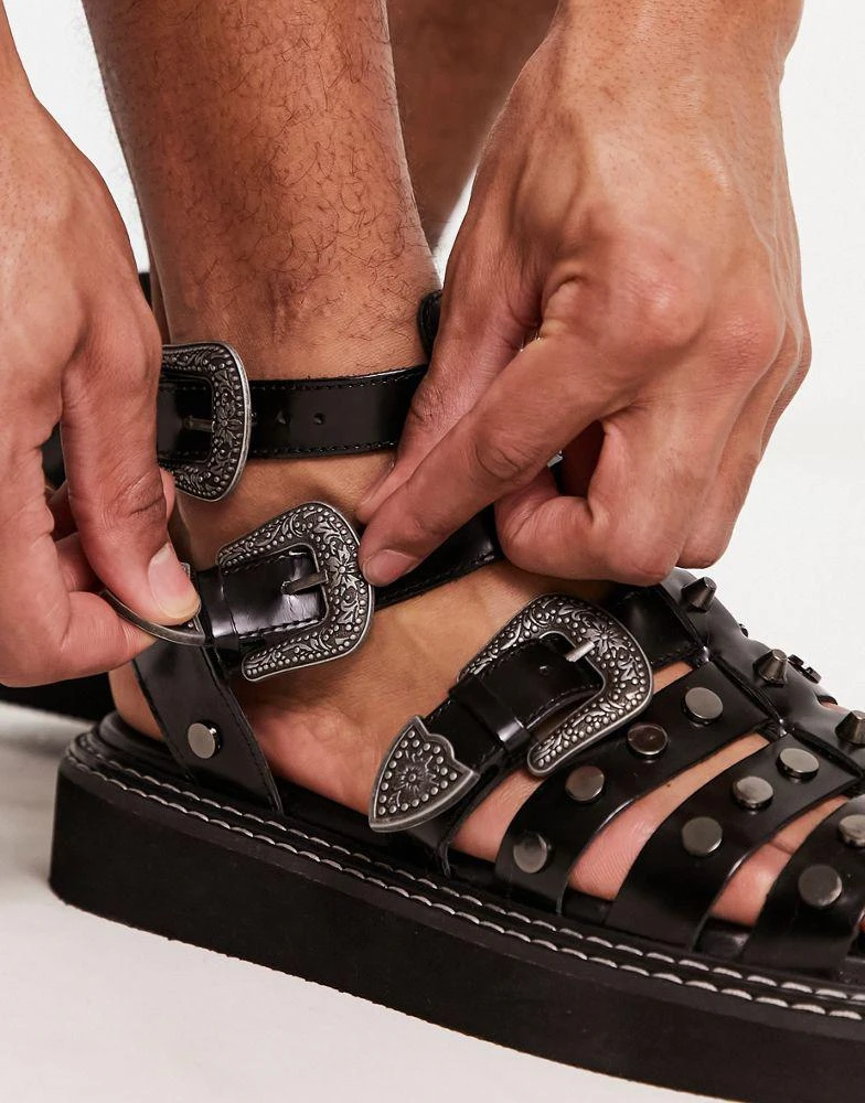 ASOS ASOS DESIGN chunky gladiator sandals in black leather with western detailing 3