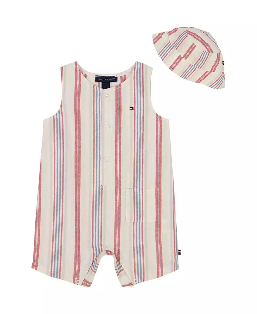 Tommy Hilfiger Baby Boy 2-Piece Striped Gauze Sleeveless Romper Bucket Hat Set 1