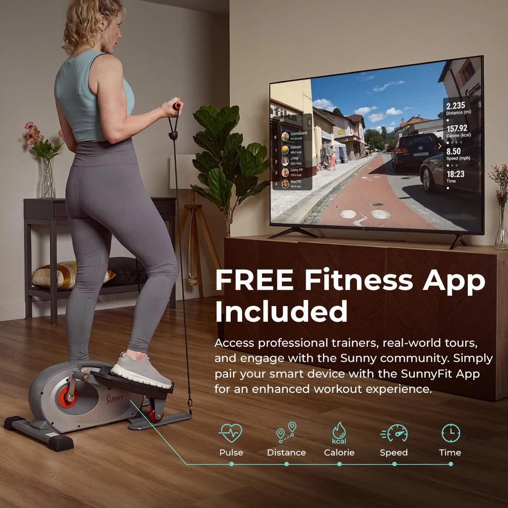 Sunny Health & Fitness Smart Stand/Sit Mini Elliptical Exercise Trainer with Resistance Bands 3