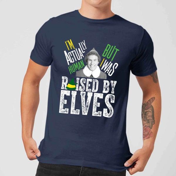 Elf Elf Raised By Elves Men
s Christmas T-Shirt - Navy