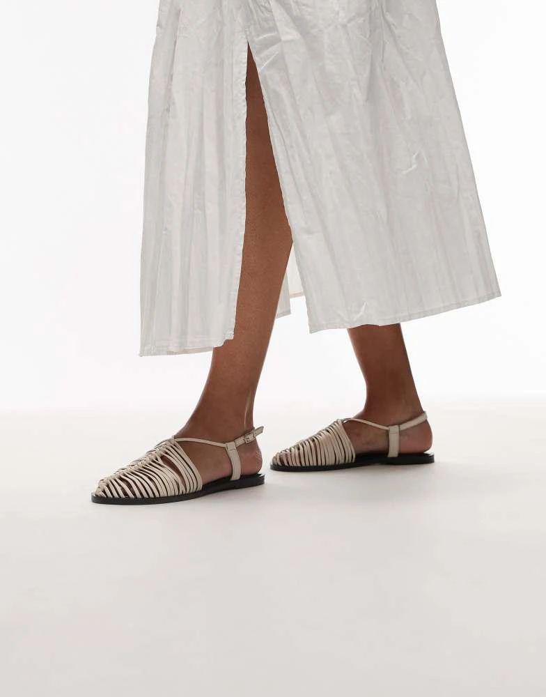 Topshop Topshop Aidan leather weave tie up flat shoe in off white 4