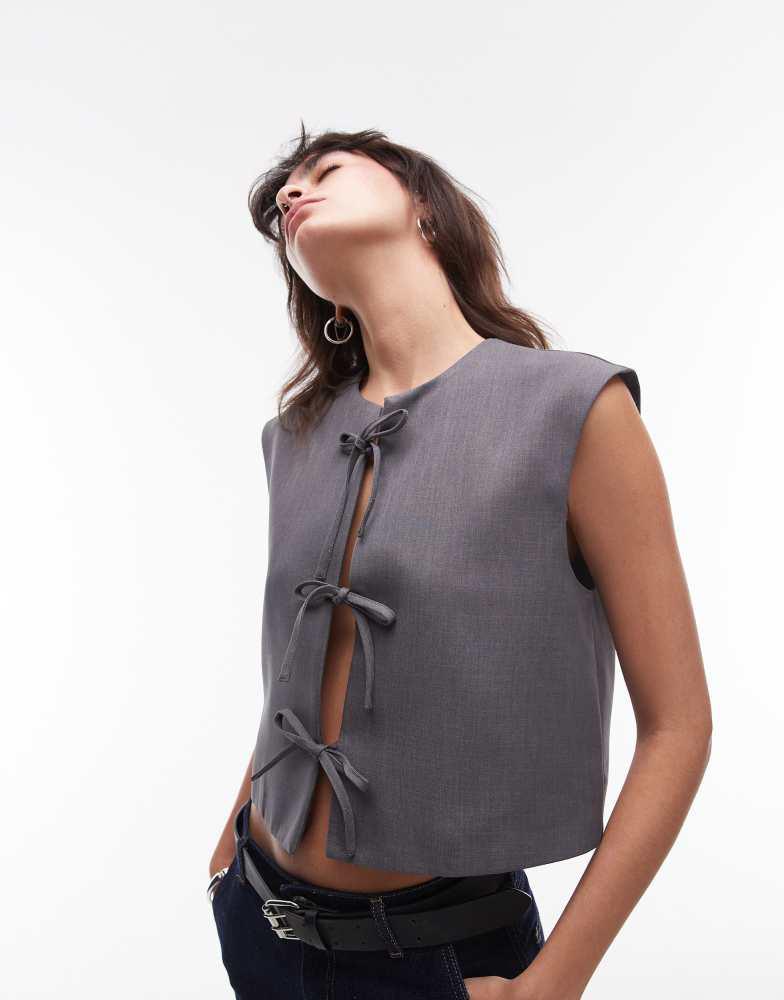 Topshop Topshop tie front cropped waistcoat in grey marl