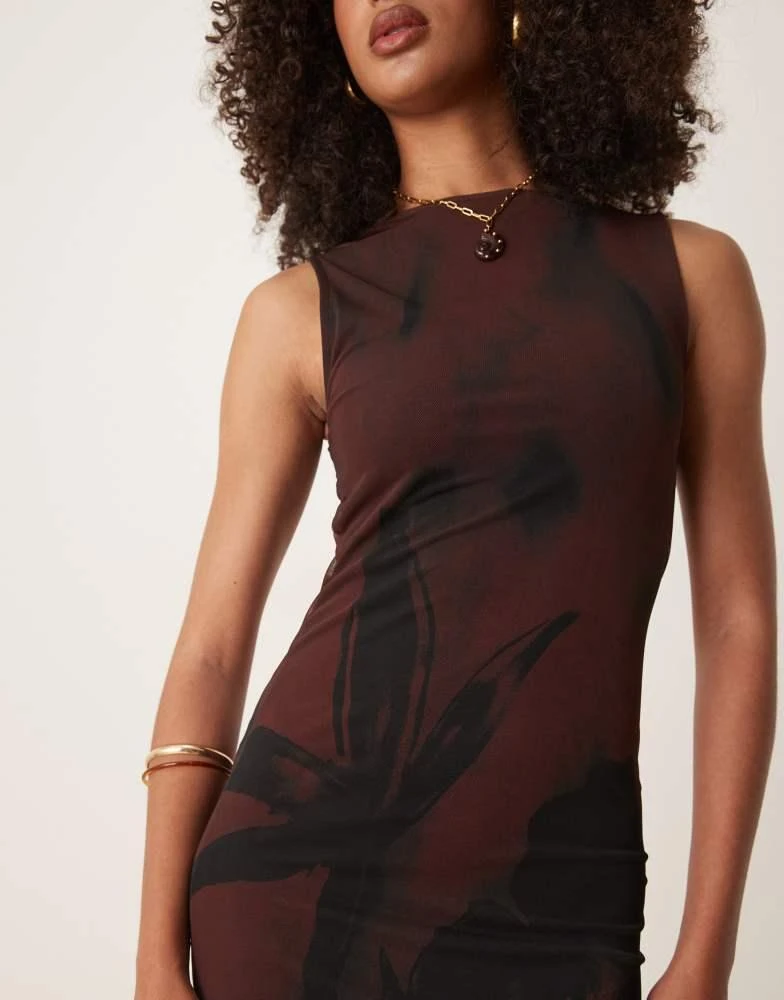ASOS ASOS DESIGN sleeveless mesh midi dress in chocolate print - BROWN 3