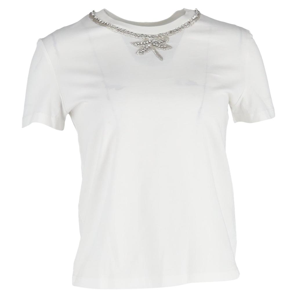 Maje Embellished-Neck T-shirt in White Cotton