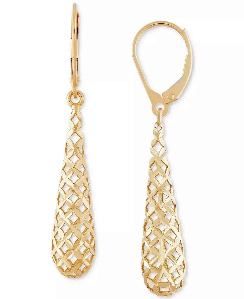 Italian Gold Lattice Work Elongated Teardrop Leverback Drop Earrings in 10k Gold 1