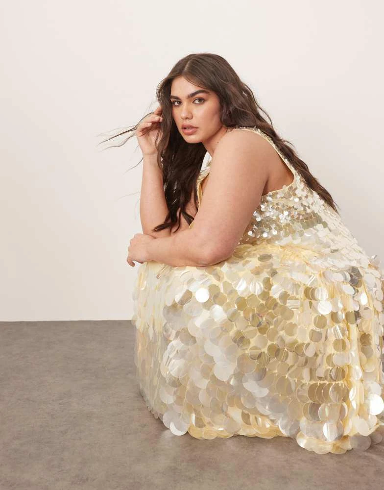 ARRANGE ARRANGE Curve embellished disc sequin square neck full skirt midi dress in lemon 2