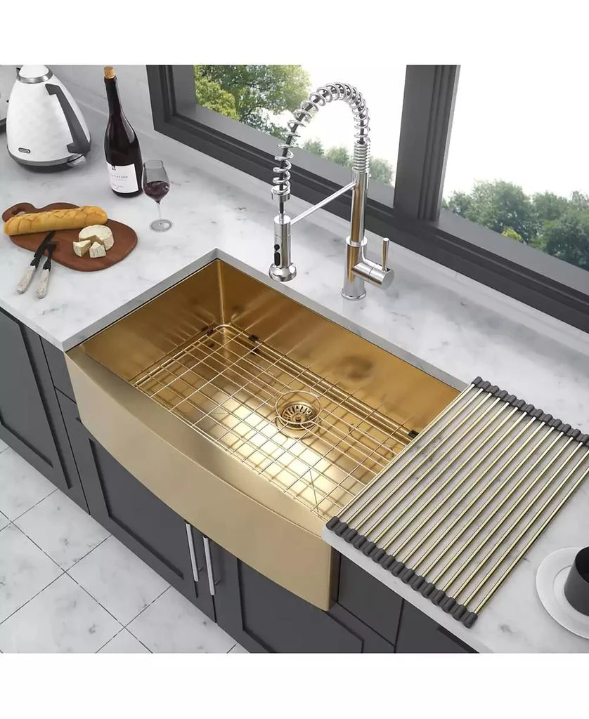 Flynama 36x21x10 Inch Gold Farmhouse Apron Front Kitchen Sink 16 Gauge T304 Stainless Steel With Dish Grid Drain Assembly Drying Rack