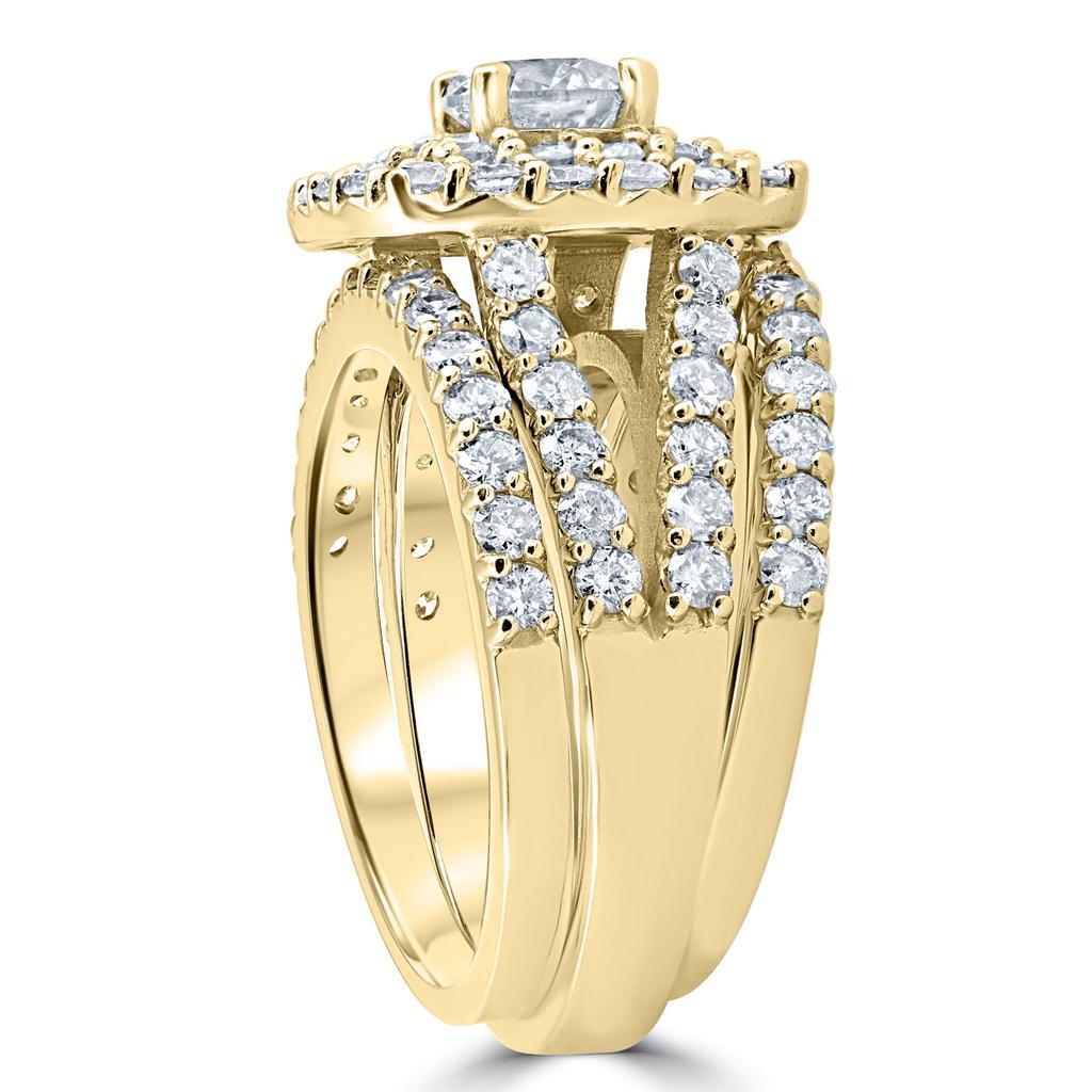 Pompeii3 3ct Diamond Engagement Wedding Double Cushion Halo Trio Ring Set 10k Yellow Gold
