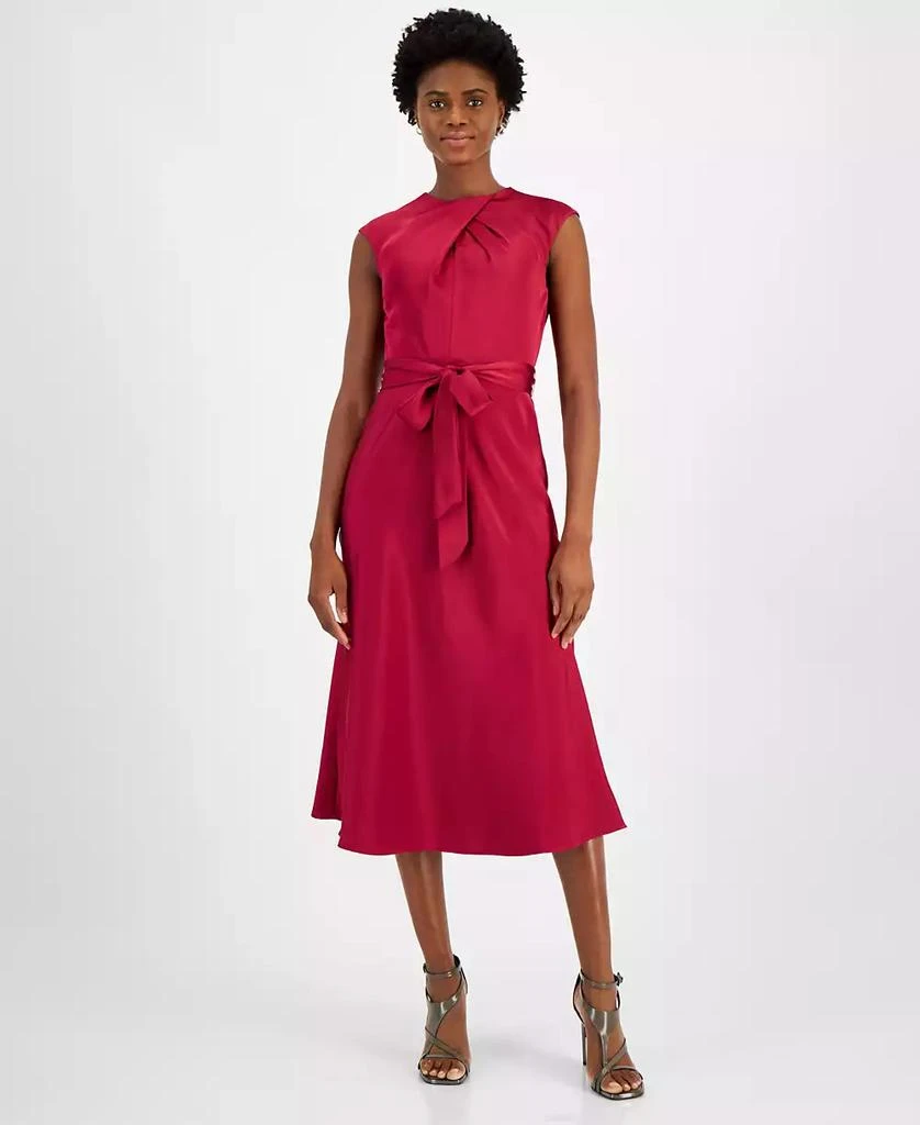 Tahari Petite Pleated-Neck Sleeveless Tie-Waist Midi Dress 1