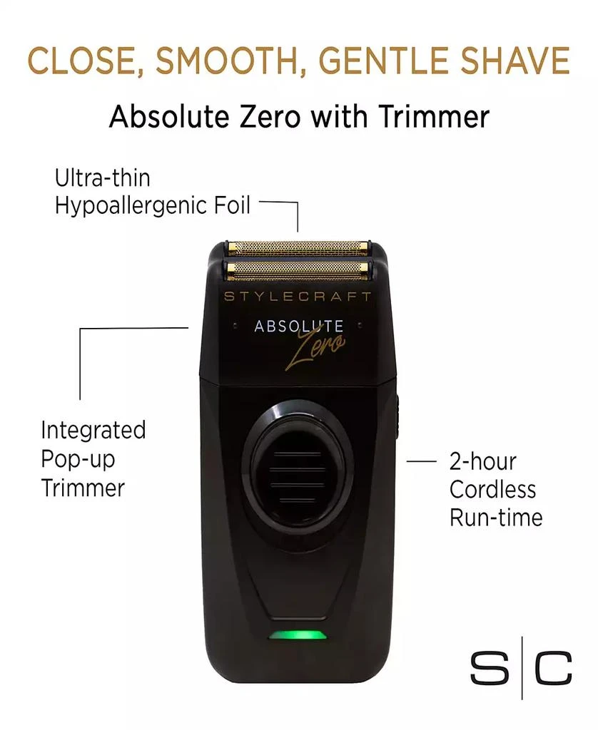 StyleCraft Professional Absolute Zero Professional Mens Foil Shaver with Built-in Retractable Trimmer, USB-C Rechargeable 2