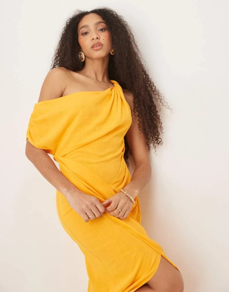bright orange off the shoulder draped skirt midi dress Ladivine CA109