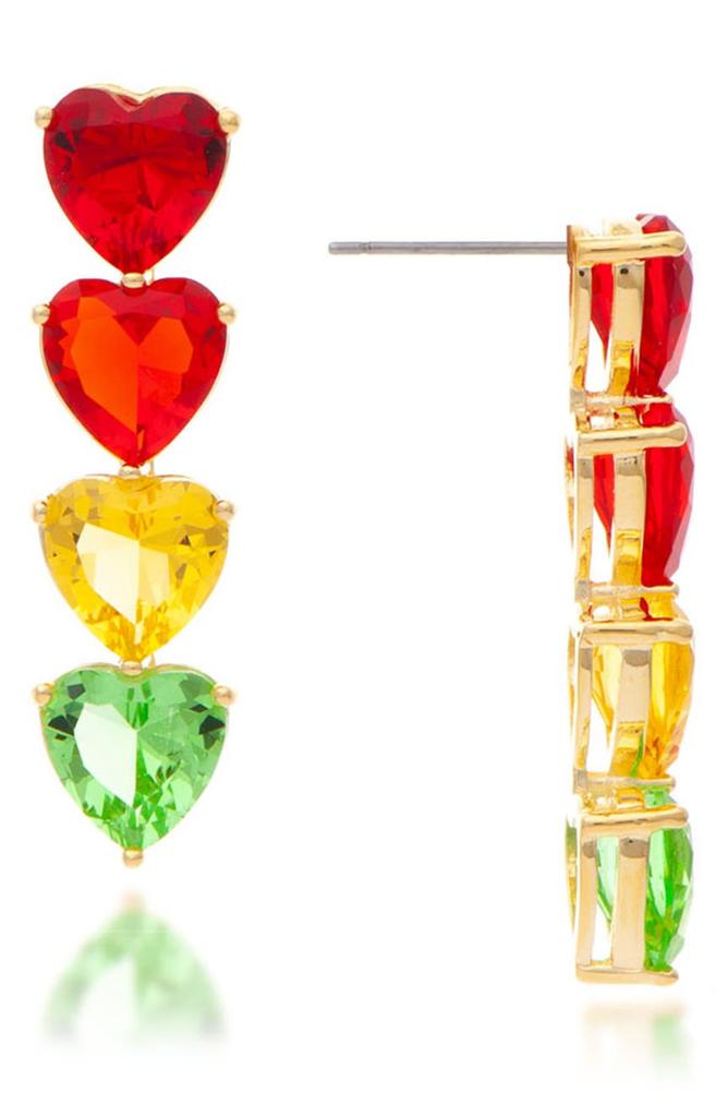 RIVKA FRIEDMAN 18K Yellow Gold Clad Rainbow Crystal Heart Linear Drop Earrings