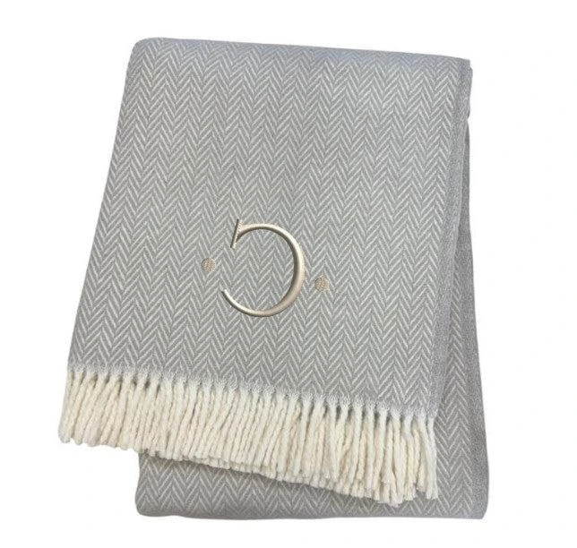 Hivvago 55" X 70" Gray And White Herringbone Cotton Blend C Initial Throw Blanket with Tassels And Embroidery 4