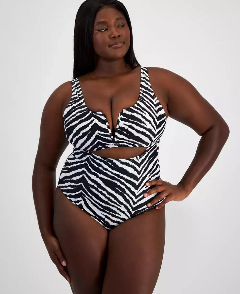 California Waves Trendy Plus Size Zebra Cutout One-Piece Swimsuit, Created for Macy's 1