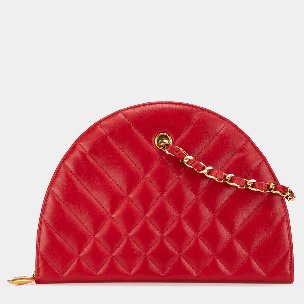 Chanel Chanel Red Quilted Lambskin Half Moon Chain Shoulder Bag