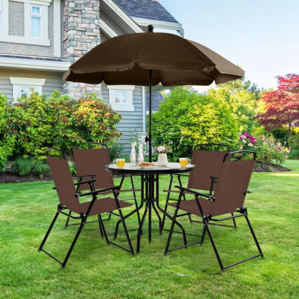 Hivvago 6 Pieces Patio Dining Set Folding Chairs Glass Table Tilt Umbrella for Garden-Coffee