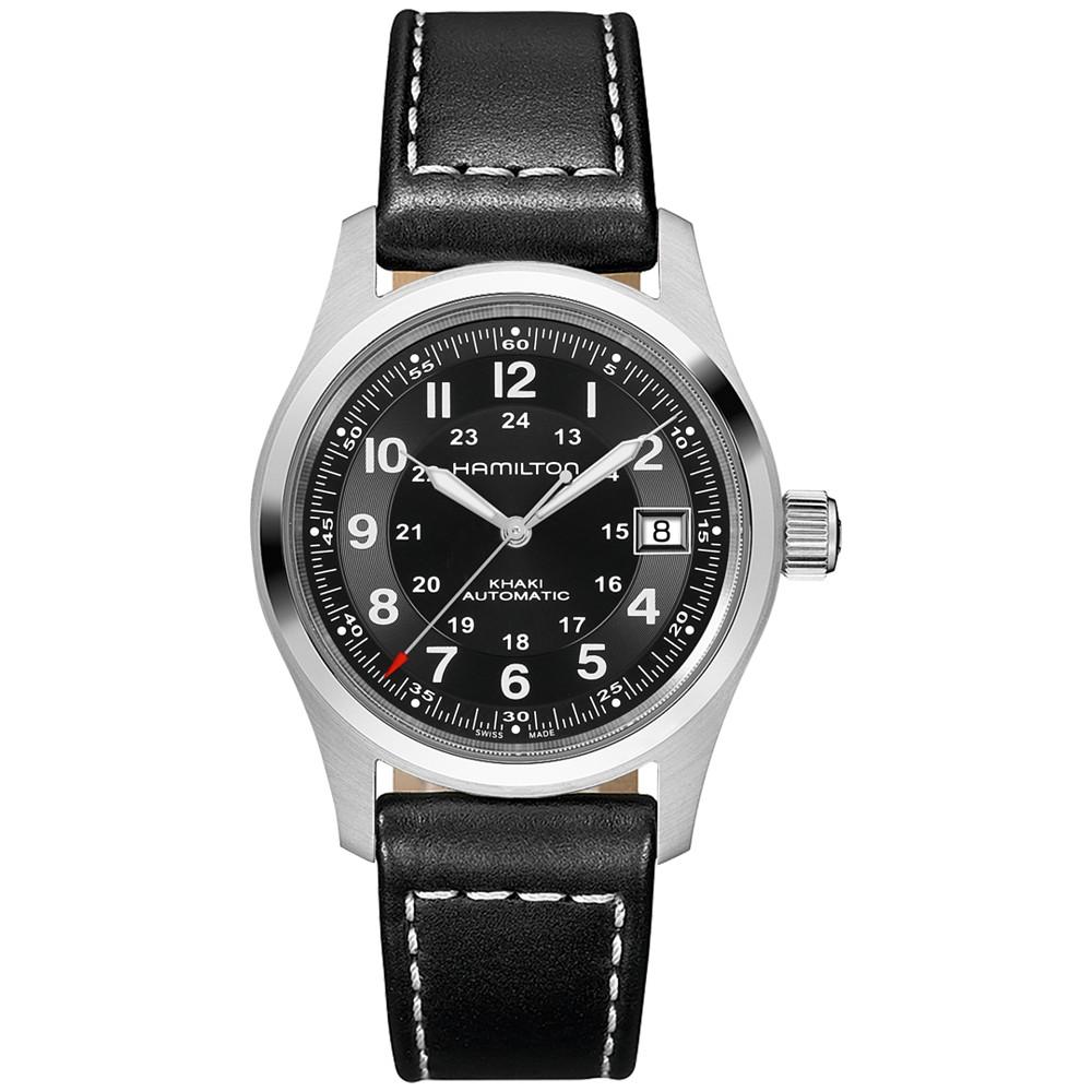 Hamilton Men's Swiss Automatic Khaki Field Black Leather Strap Watch 38mm