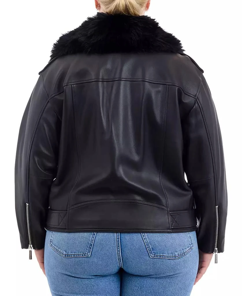 Shop Plus Size Faux-Fur-Collar Leather Moto Coat on Sale at