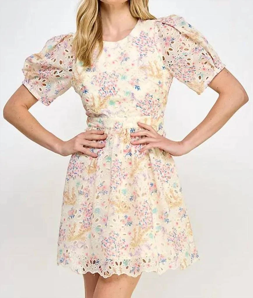 Rubienn Floral Print Eyelet Short Dress In Multi 1