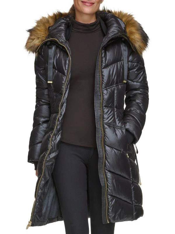 GUESS Chevron Faux Fur Trim Hooded Puffer Coat 4