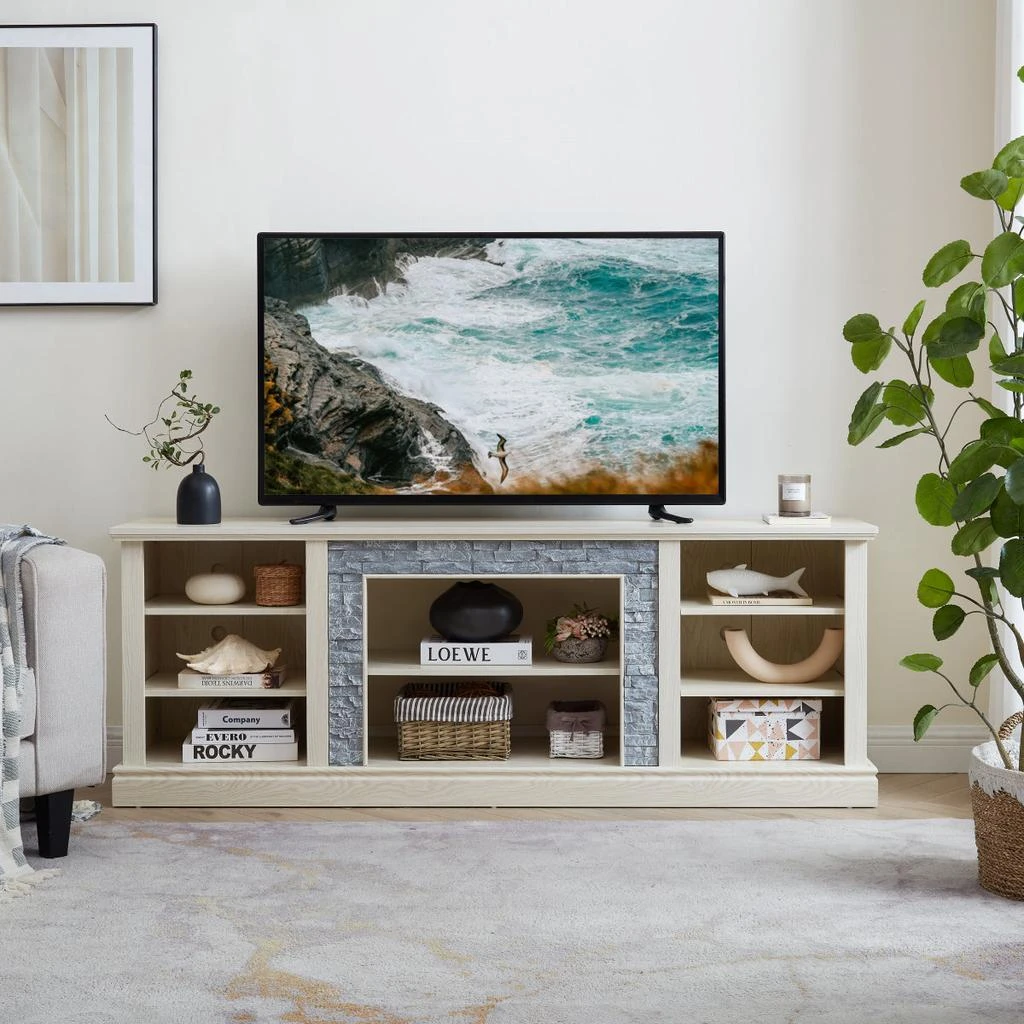 Streamdale Furniture Streamdale Large TV Desk Storage Rack with Faux Stacked Stone Surround, White, 70.12"W*15.35"D*25.83"H