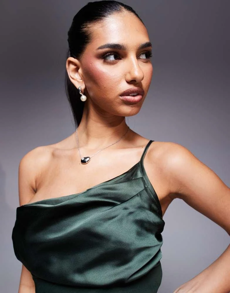 ASOS ASOS DESIGN satin chiffon mix draped one shoulder maxi dress in dark  green - Dresses & Skirts - Free Shipping