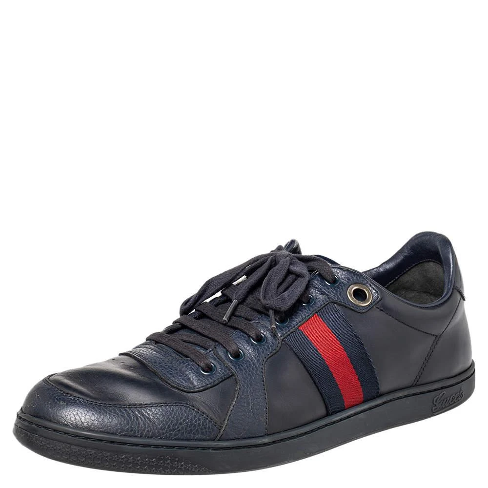 Gucci Gucci Navy Blue Leather And Canvas Web Low Top Sneakers Size 44 1
