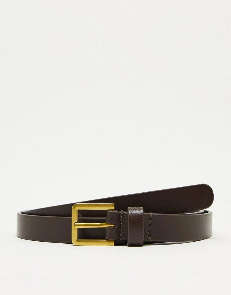 ASOS ASOS DESIGN smart leather skinny belt with gold buckle in brown 1