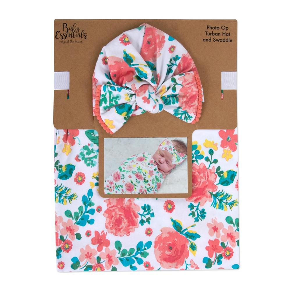 Baby Essentials Baby Girls Soft Floral Print Swaddle Wrap Blanket with Matching Turban, 2 Piece Set