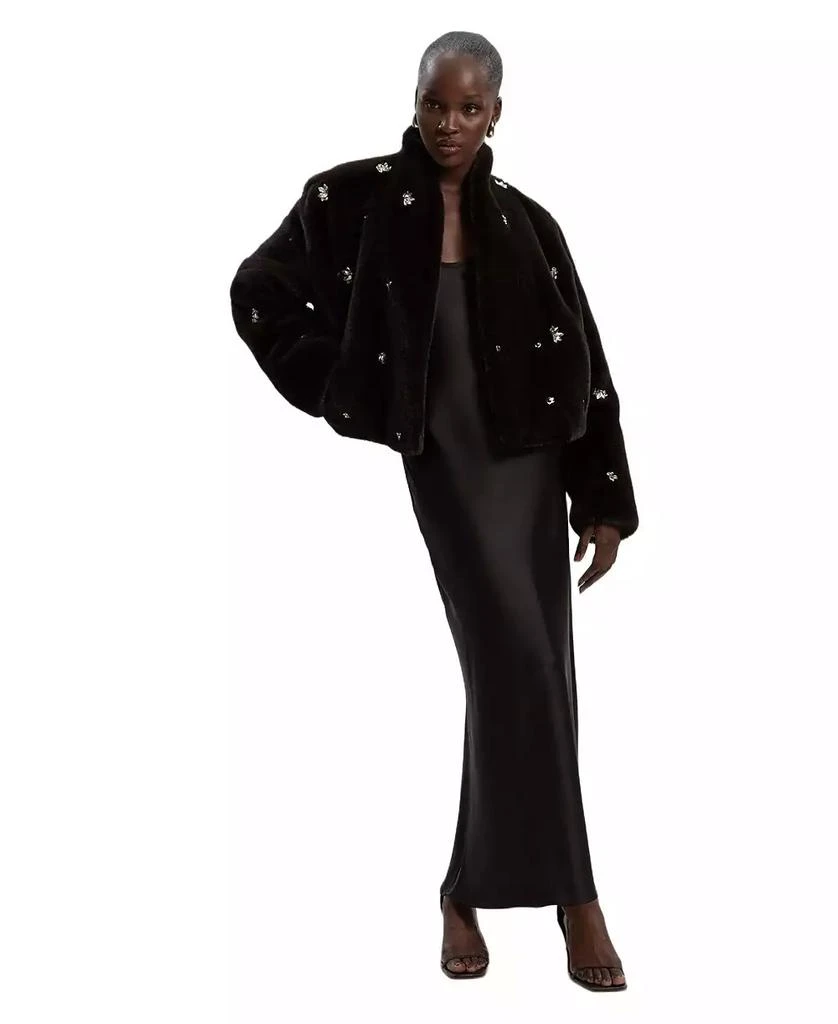 KAREN MILLEN Women
s Crystal Embellished Faux Fur Short Coat 2