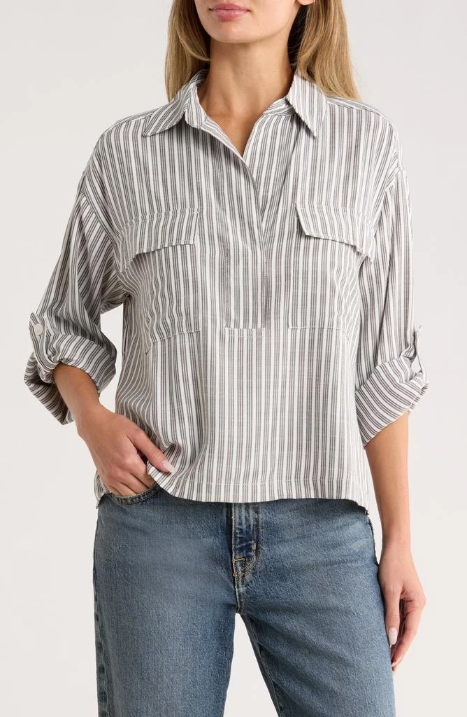 Max Studio Grid Print Roll Sleeve Popover Shirt 1