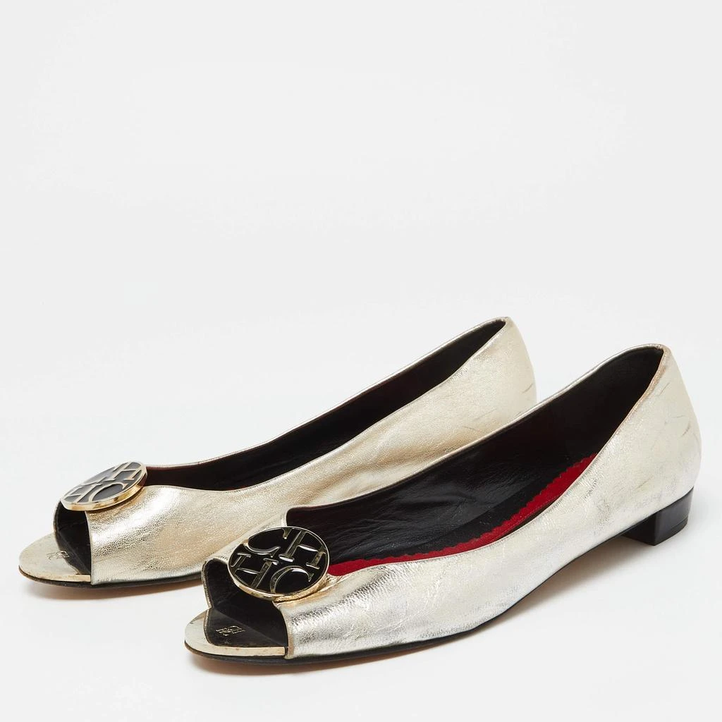 CH Carolina Herrera CH Carolina Herrera Gold Leather Logo Peep-Toe Ballet Flats Size 38 2