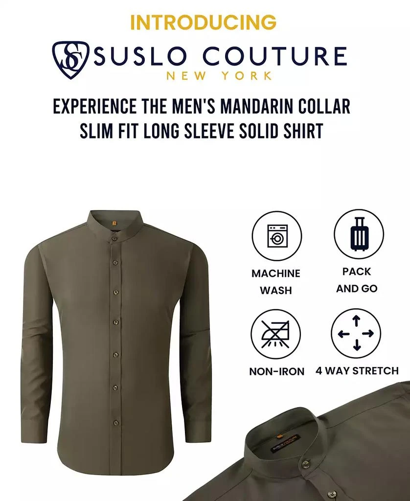 Suslo Couture Men's Slim Fit Solid Performance Collarless Button Down Shirt 4