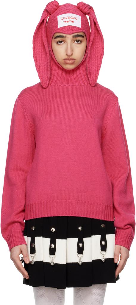 Charles Jeffrey Loverboy Pink Merino Rabbit Balaclava Hoodie