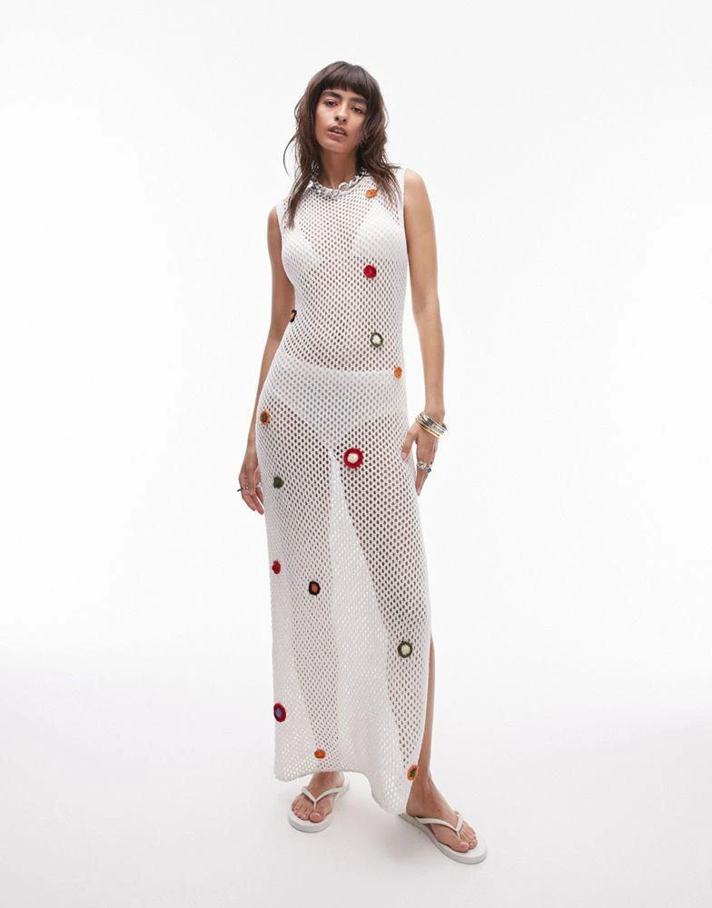 Topshop Topshop knitted flower embroidered sleeveless beach dress in cream 2