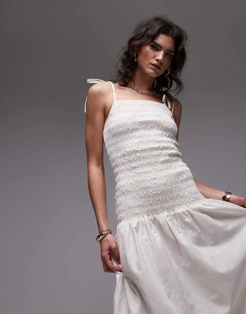 Topshop Shirred linen midi Sundress in Ivory at Nordstrom, Size 12 Us Topshop Shirred linen midi Sundress in Ivory at Nordstrom, Size 12 Us