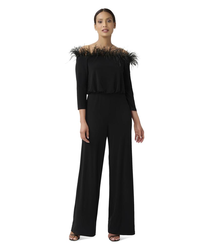 Adrianna Papell Stretch Jersey Blousson Jumpsuit with Feather Trim