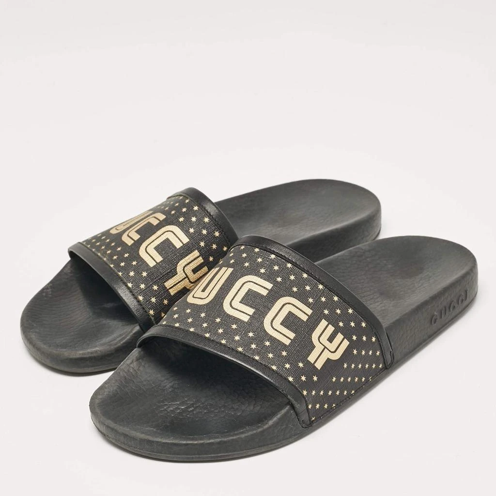 Gucci Gucci Black/Gold Coated Canvas and Leather Star Guccy Slides Size 38 2