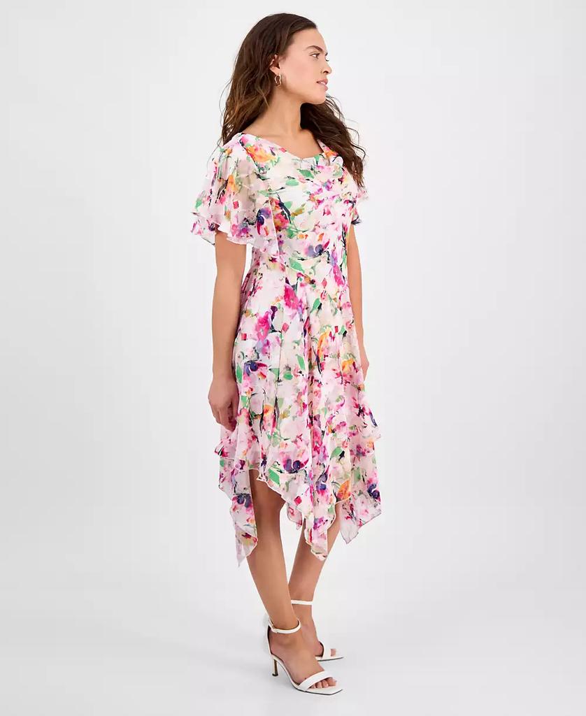 Robbie Bee Women's Floral Clip-Dot Cowlneck Asymmetric Dress