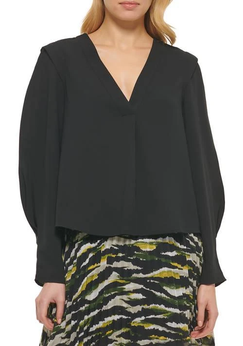DKNY Womens Long Sleeve Cropped V Neck Blouse 1