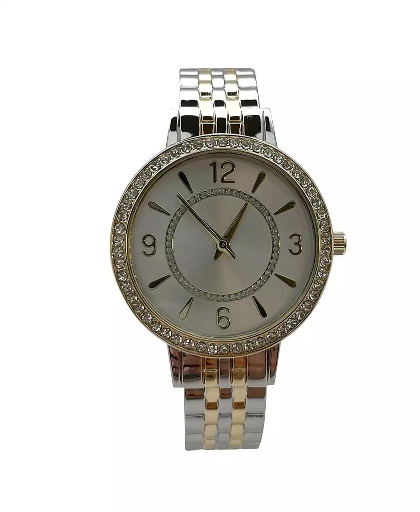 Olivia Pratt Two Tone Round Face Rhinestone Bezel Textured Bangle Women Watch