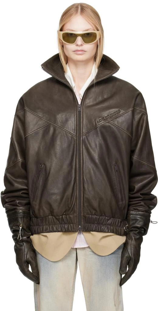 Shop Brown Embossed Logo Leather Jacket on Sale at BeyondStyle - Main Image