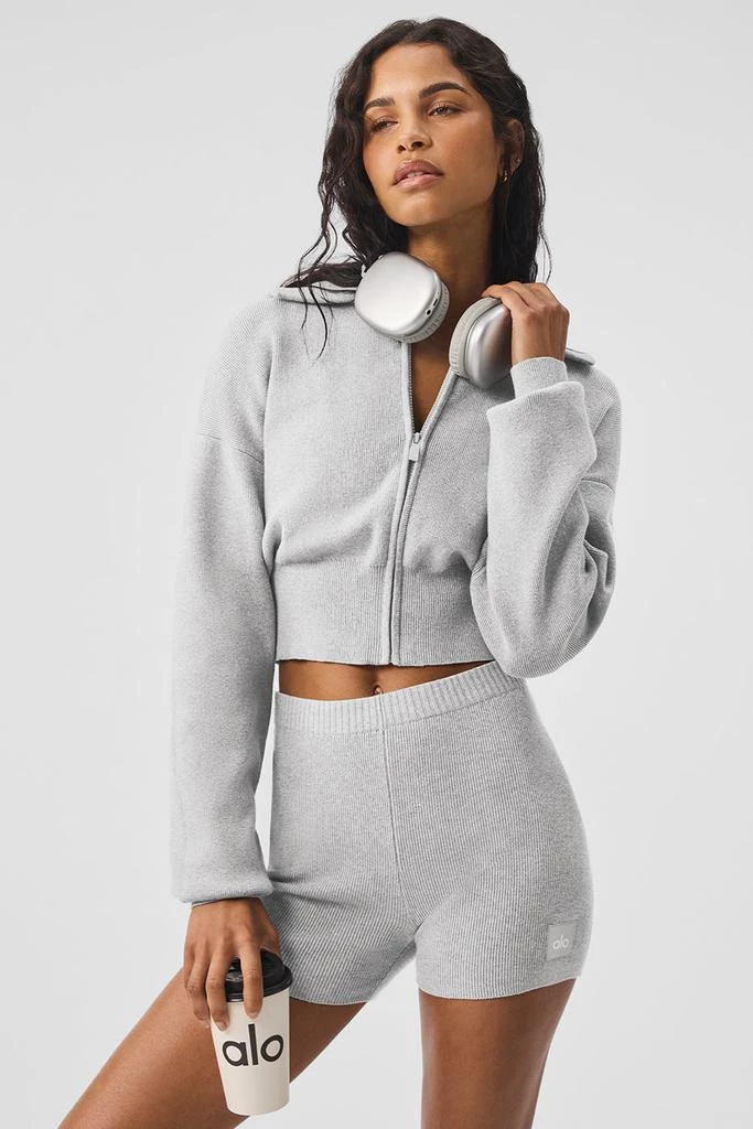 Alo Scholar Knit Cropped Full Zip Jacket - Athletic Heather Grey 2