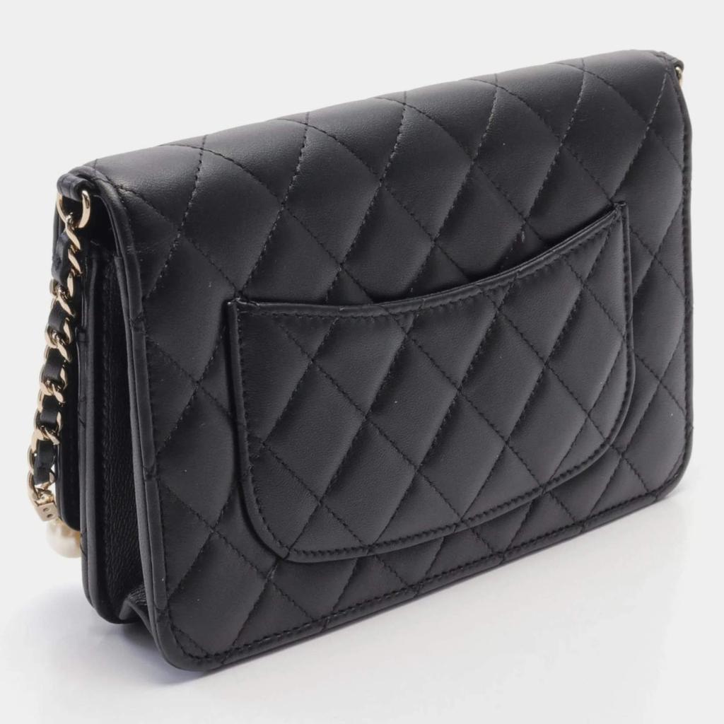 Chanel Chanel Black Lambskin Leather Pearl Wallet on Chain