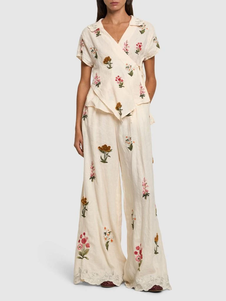 Agua by Agua Bendita Piñon Embroidered Linen Palazzo Pants 1