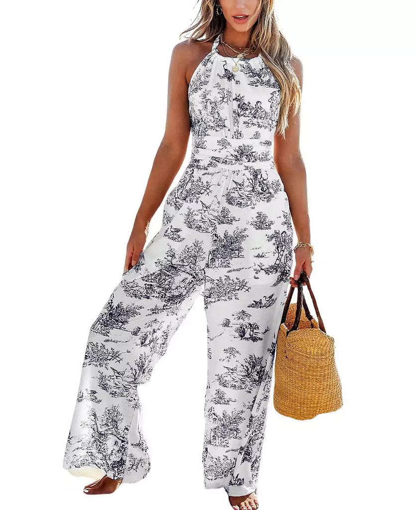 Cupshe Women's Toile Print Halter Neck Straight Leg Jumpsuit