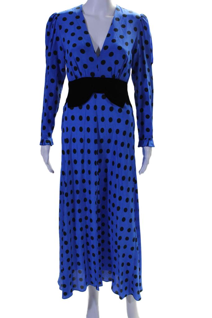 Not Available Rixo Womens Silk Polka Dot V Neck Long Sleeves A Line Dress Blue Black