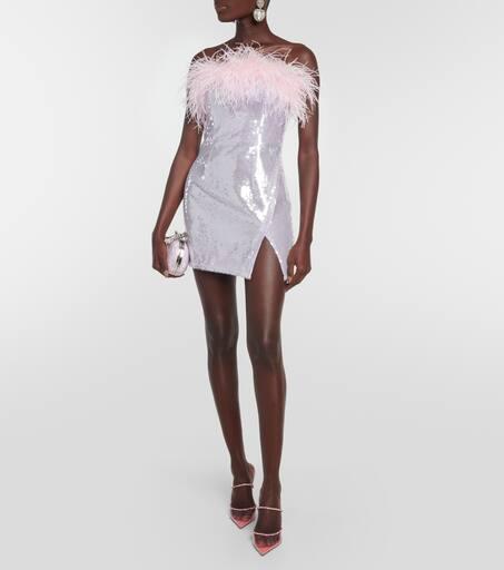 Self Portrait Feather-trimmed sequined minidress